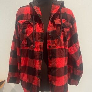 Red and Black Plaid Hooded Shirt